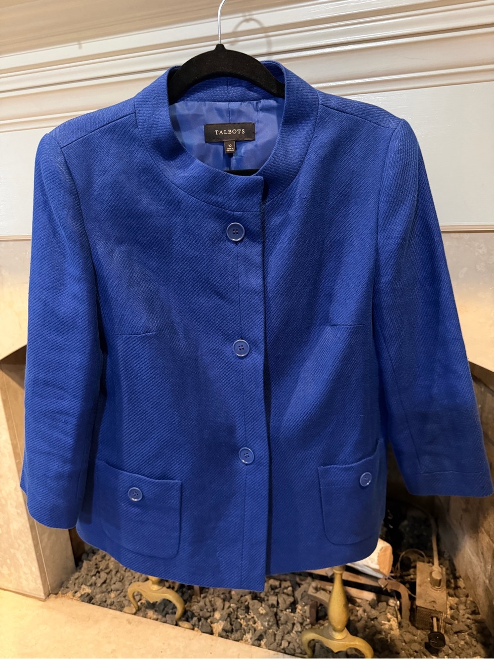 Talbots Cobalt Blue Collarless Button Front Linen Fully Lined Blazer size 10